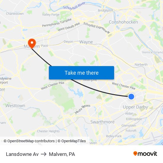 Lansdowne Av to Malvern, PA map