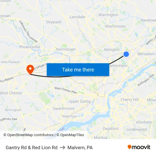 Gantry Rd & Red Lion Rd to Malvern, PA map
