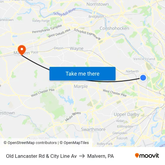 Old Lancaster Rd & City Line Av to Malvern, PA map