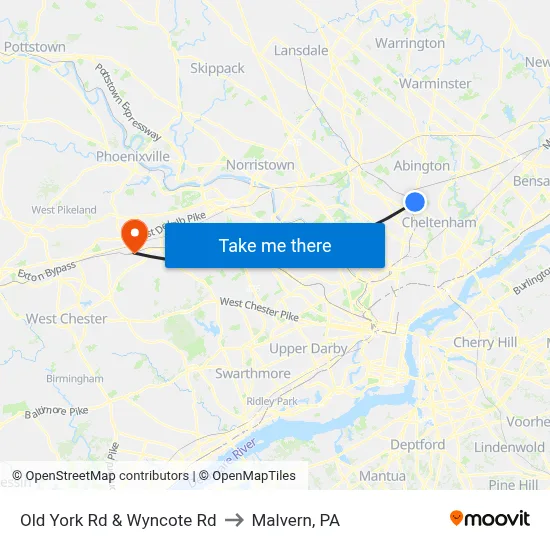 Old York Rd & Wyncote Rd to Malvern, PA map