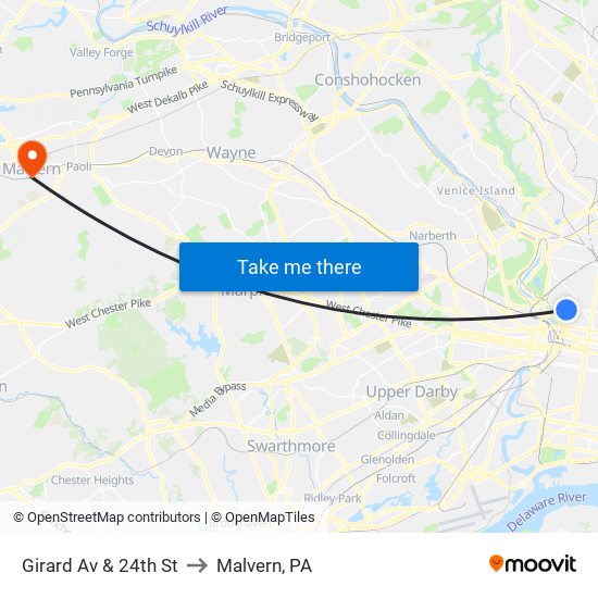 Girard Av & 24th St to Malvern, PA map