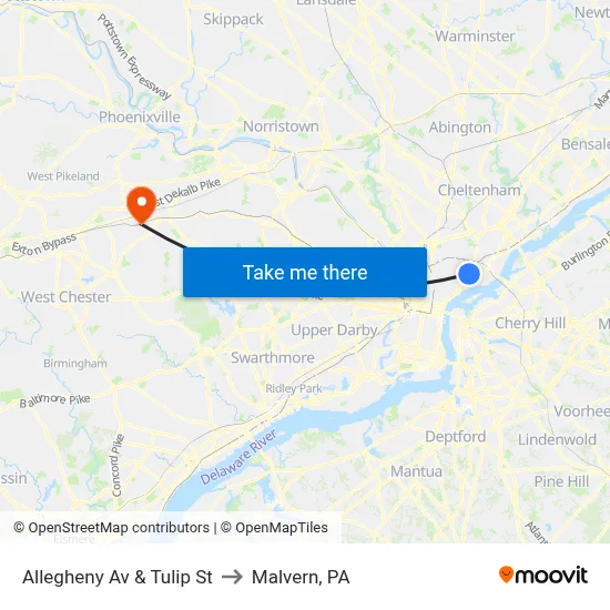 Allegheny Av & Tulip St to Malvern, PA map