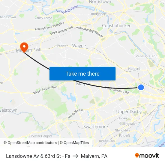 Lansdowne Av & 63rd St - Fs to Malvern, PA map