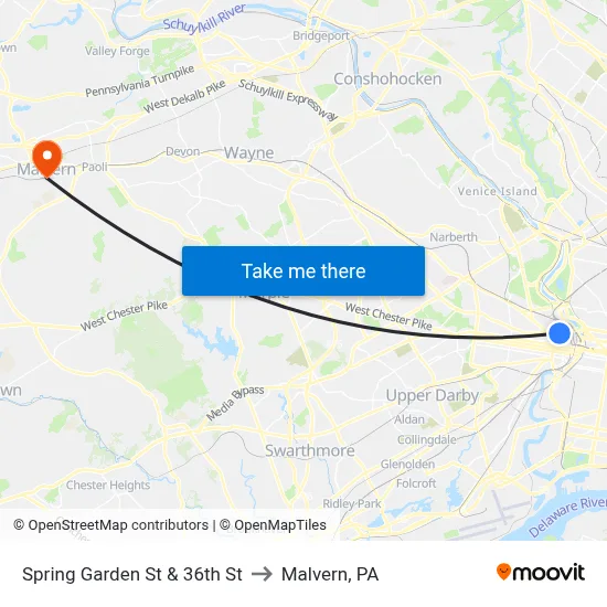 Spring Garden St & 36th St to Malvern, PA map