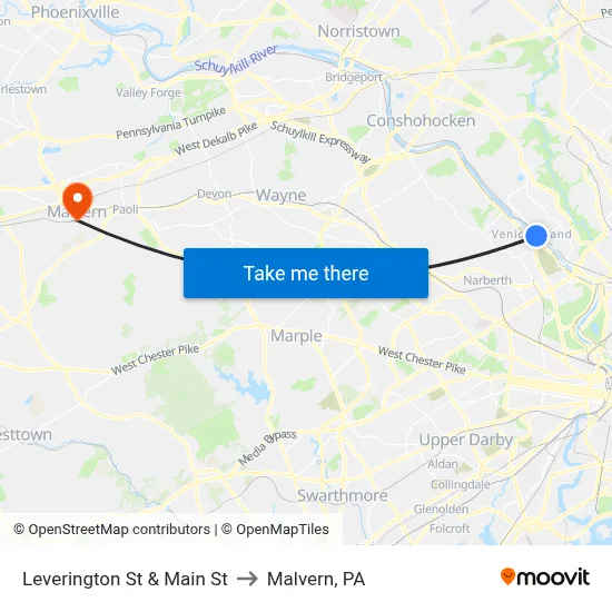 Leverington St & Main St to Malvern, PA map