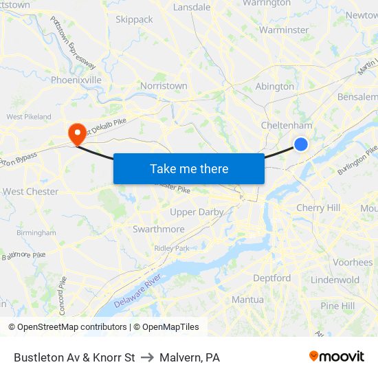 Bustleton Av & Knorr St to Malvern, PA map