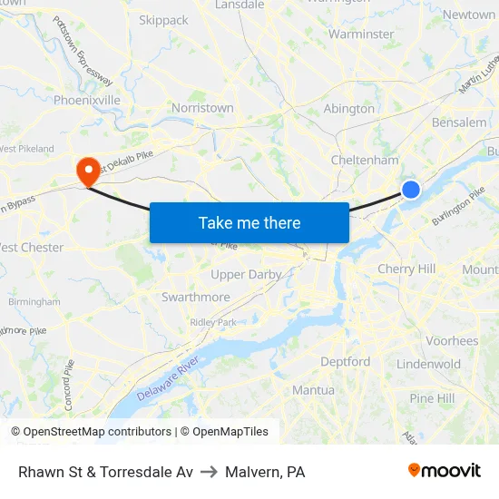 Rhawn St & Torresdale Av to Malvern, PA map