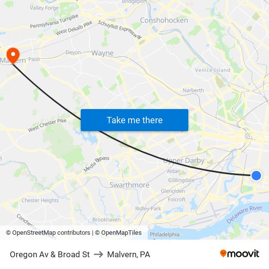 Oregon Av & Broad St to Malvern, PA map