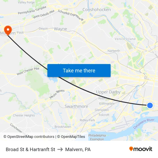 Broad St & Hartranft St to Malvern, PA map
