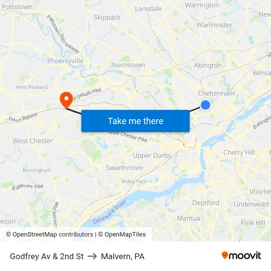 Godfrey Av & 2nd St to Malvern, PA map