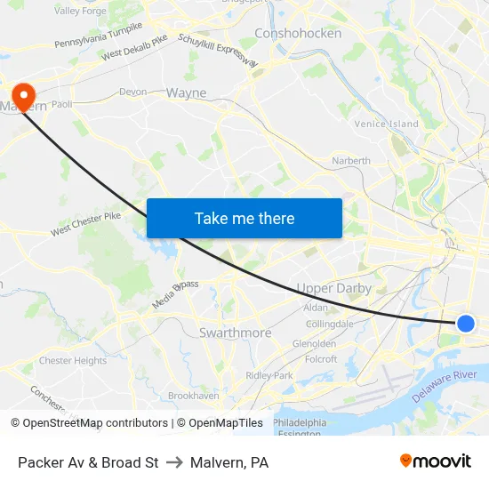 Packer Av & Broad St to Malvern, PA map