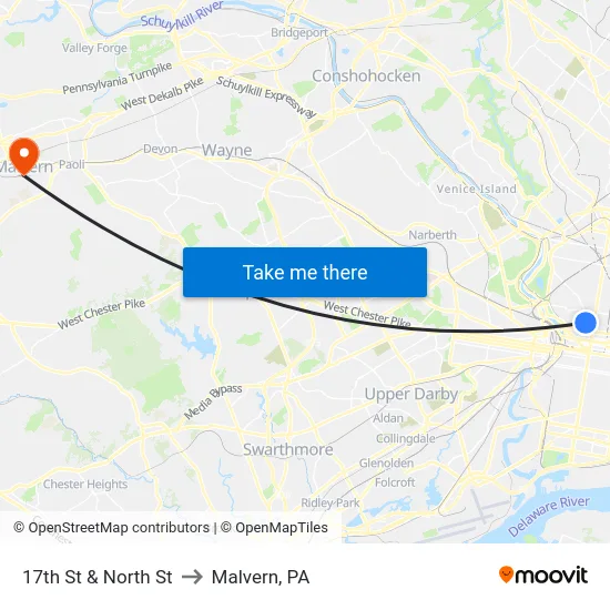 17th St & North St to Malvern, PA map