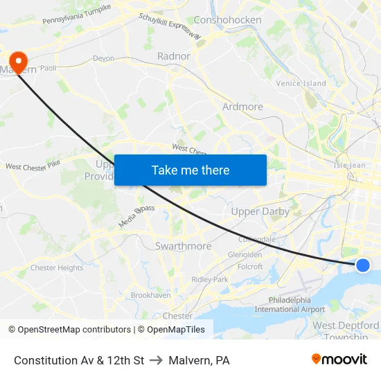 Constitution Av & 12th St to Malvern, PA map