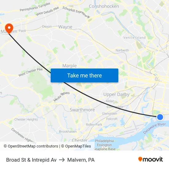 Broad St & Intrepid Av to Malvern, PA map