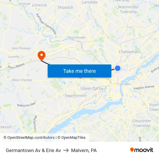 Germantown Av & Erie Av to Malvern, PA map