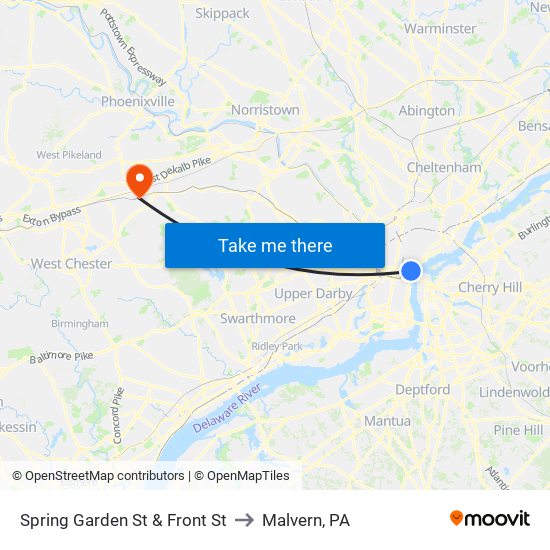 Spring Garden St & Front St to Malvern, PA map