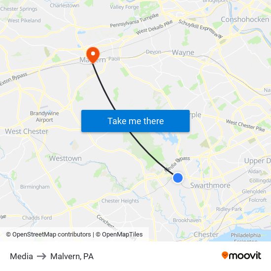 Media to Malvern, PA map