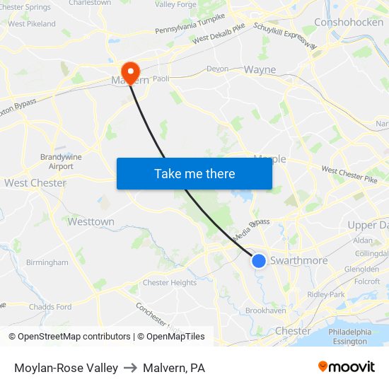 Moylan-Rose Valley to Malvern, PA map