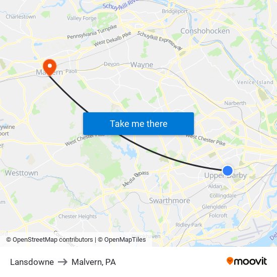 Lansdowne to Malvern, PA map