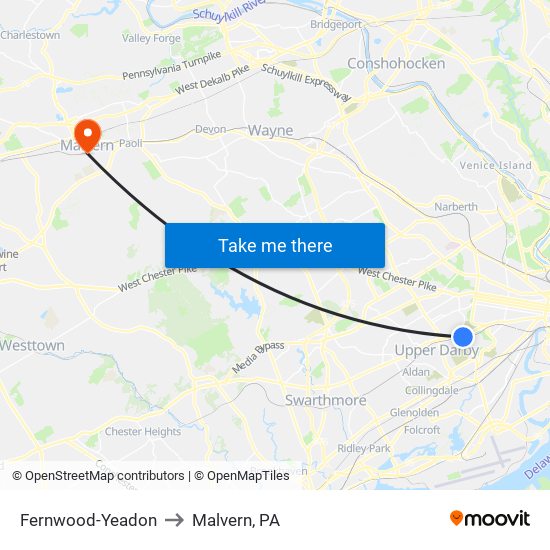 Fernwood-Yeadon to Malvern, PA map