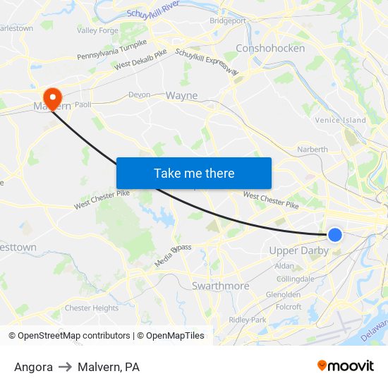 Angora to Malvern, PA map