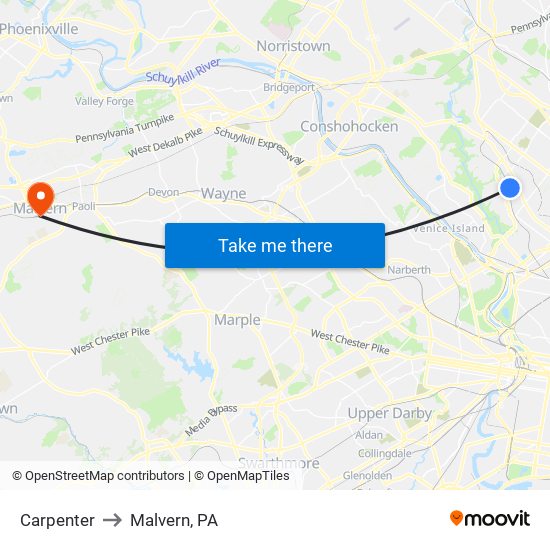 Carpenter to Malvern, PA map