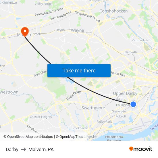 Darby to Malvern, PA map