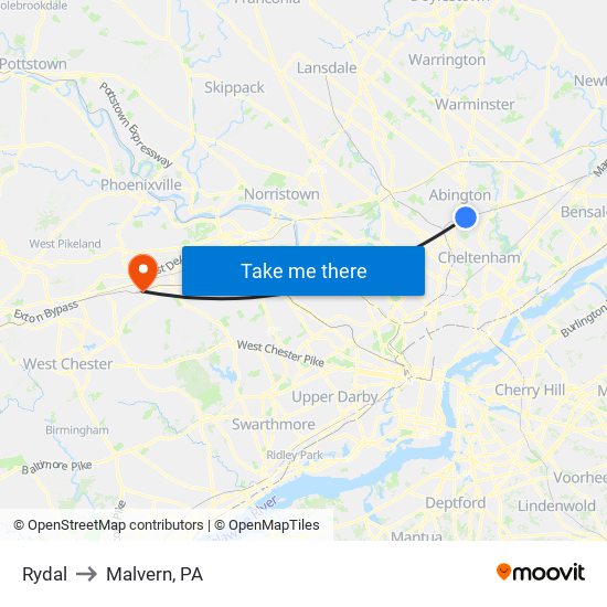 Rydal to Malvern, PA map
