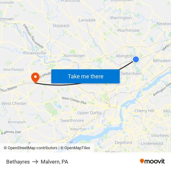 Bethayres to Malvern, PA map