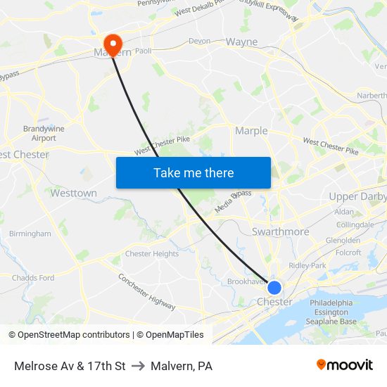 Melrose Av & 17th St to Malvern, PA map