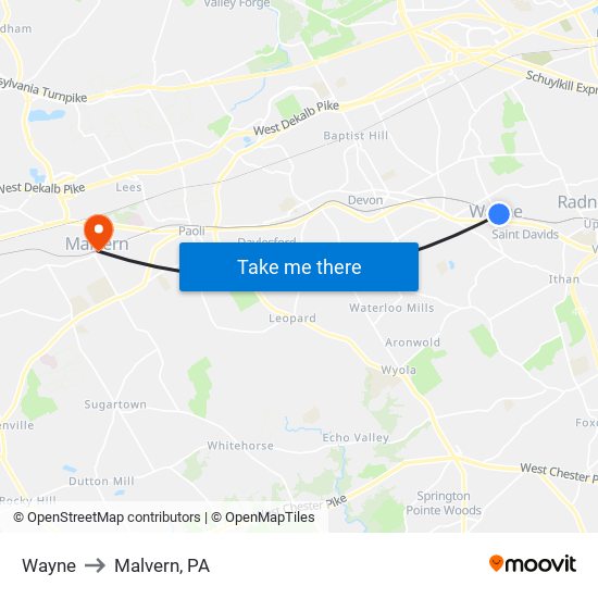 Wayne to Malvern, PA map