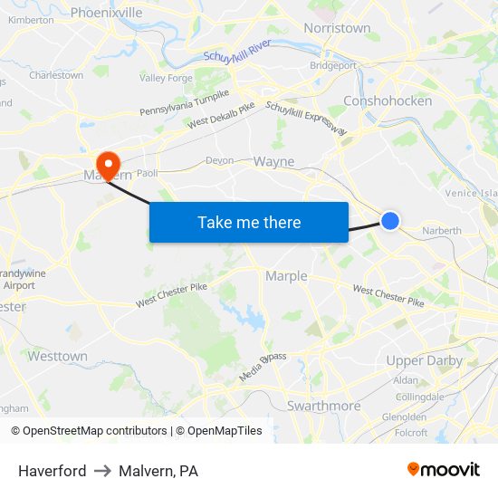 Haverford to Malvern, PA map