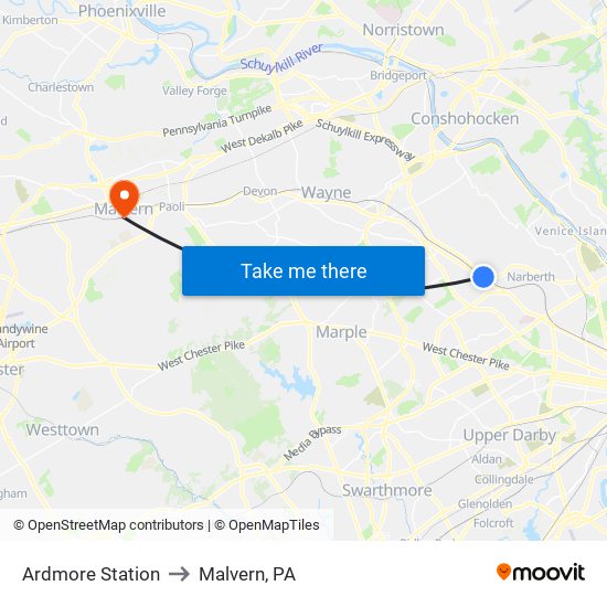 Ardmore Station to Malvern, PA map