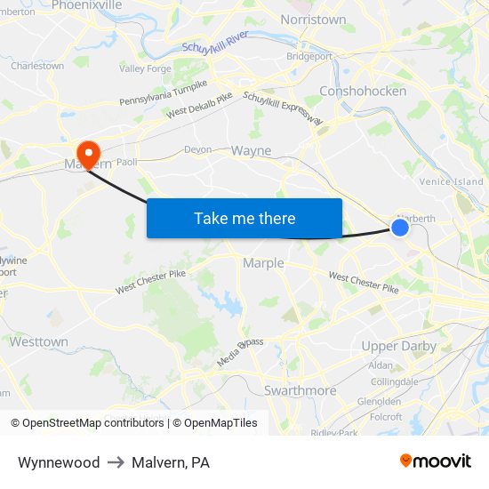 Wynnewood to Malvern, PA map