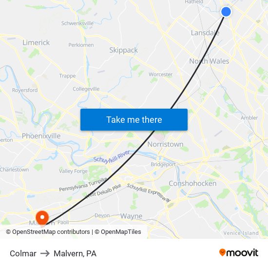Colmar to Malvern, PA map