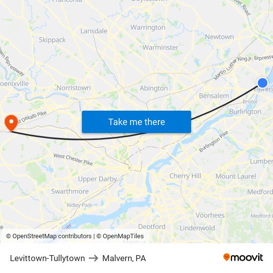 Levittown-Tullytown to Malvern, PA map