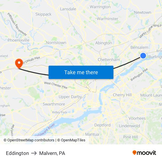 Eddington to Malvern, PA map