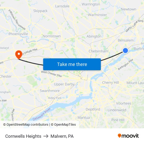 Cornwells Heights to Malvern, PA map