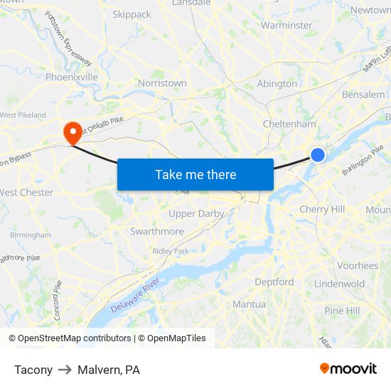 Tacony to Malvern, PA map