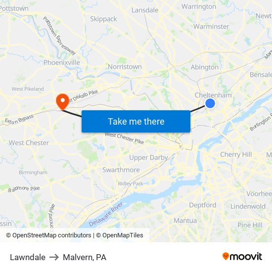 Lawndale to Malvern, PA map