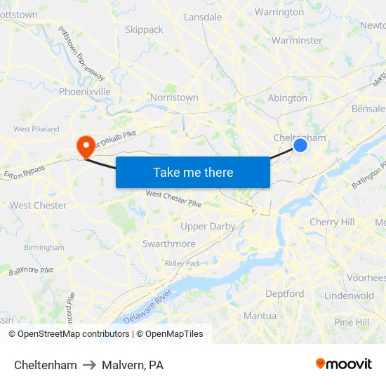 Cheltenham to Malvern, PA map