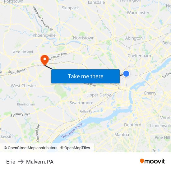 Erie to Malvern, PA map