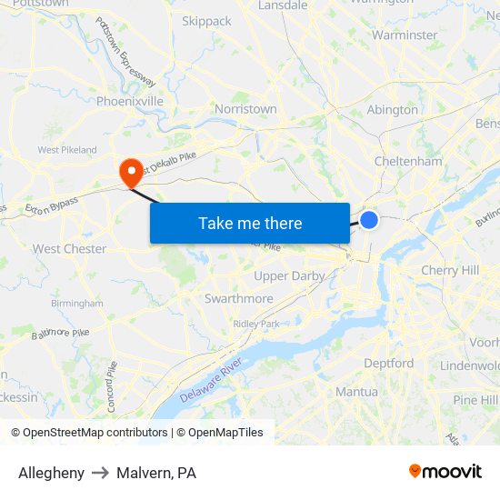 Allegheny to Malvern, PA map