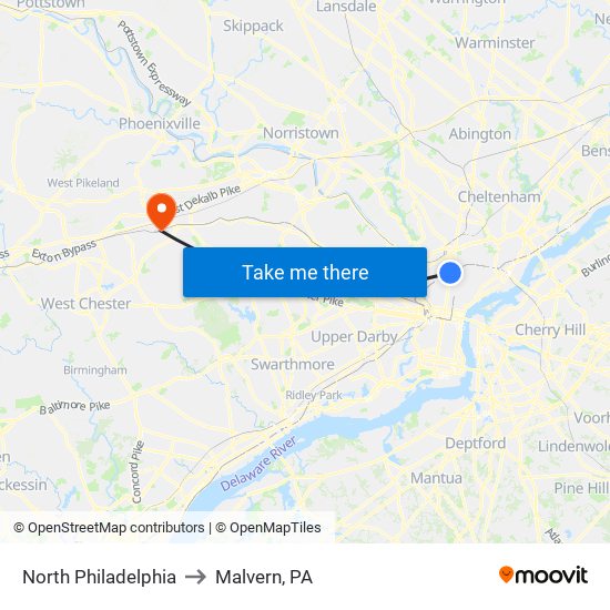 North Philadelphia to Malvern, PA map