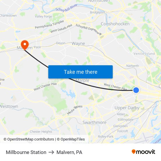 Millbourne Station to Malvern, PA map