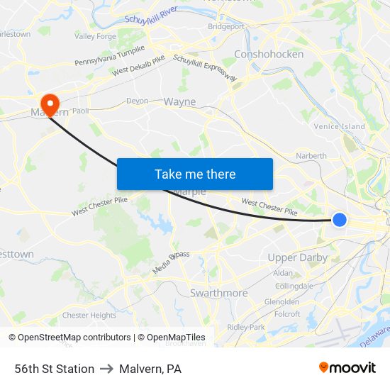56th St Station to Malvern, PA map