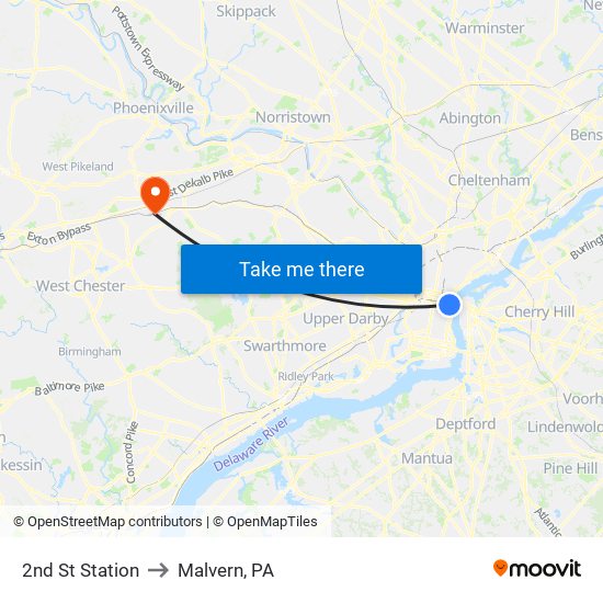 2nd St Station to Malvern, PA map
