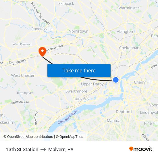 13th St Station to Malvern, PA map