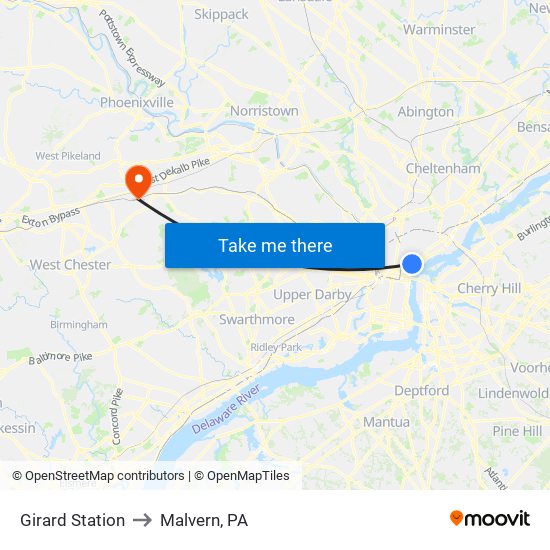 Girard Station to Malvern, PA map