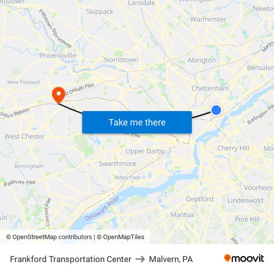 Frankford Transportation Center to Malvern, PA map